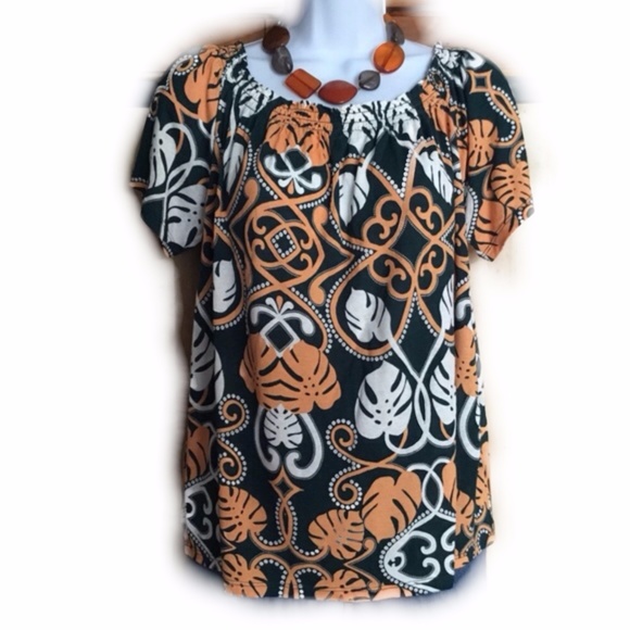 Green & Orange Tropical Print On/Off Shoulder Top - Picture 2 of 3